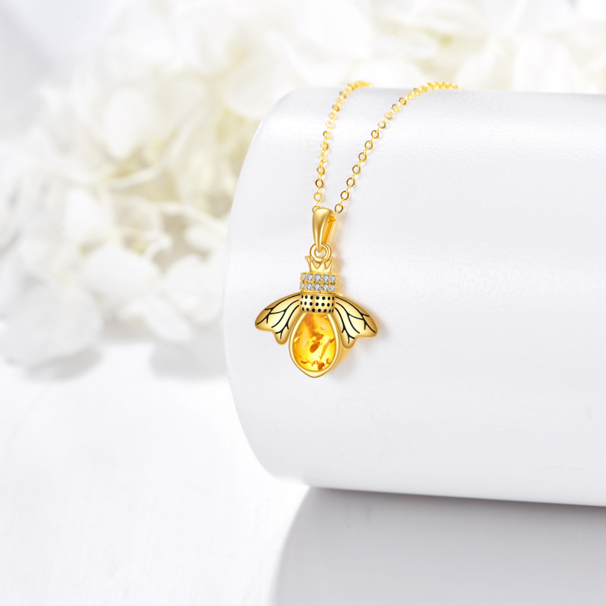 14K Gold Pear Amber Bee & Crown Pendant Necklace-3