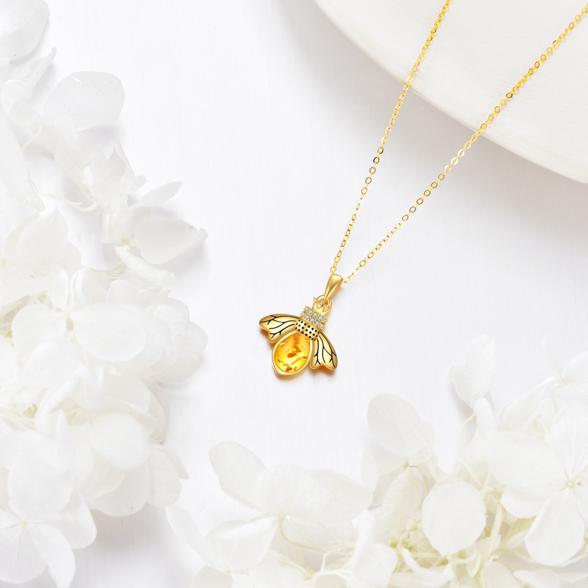 18K Gold Pear Amber Bee & Crown Pendant Necklace-4