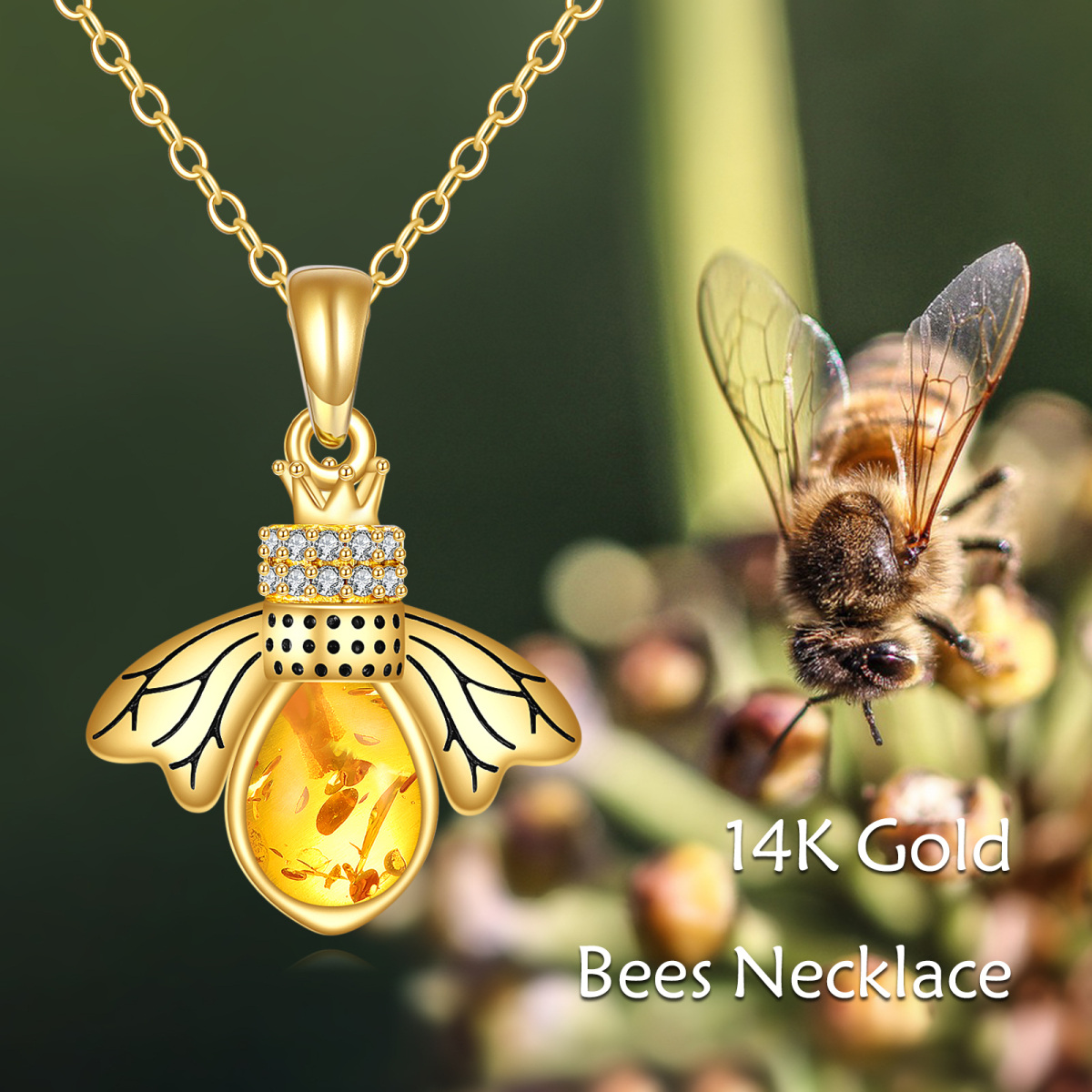 14K Gold Pear Amber Bee & Crown Pendant Necklace-6