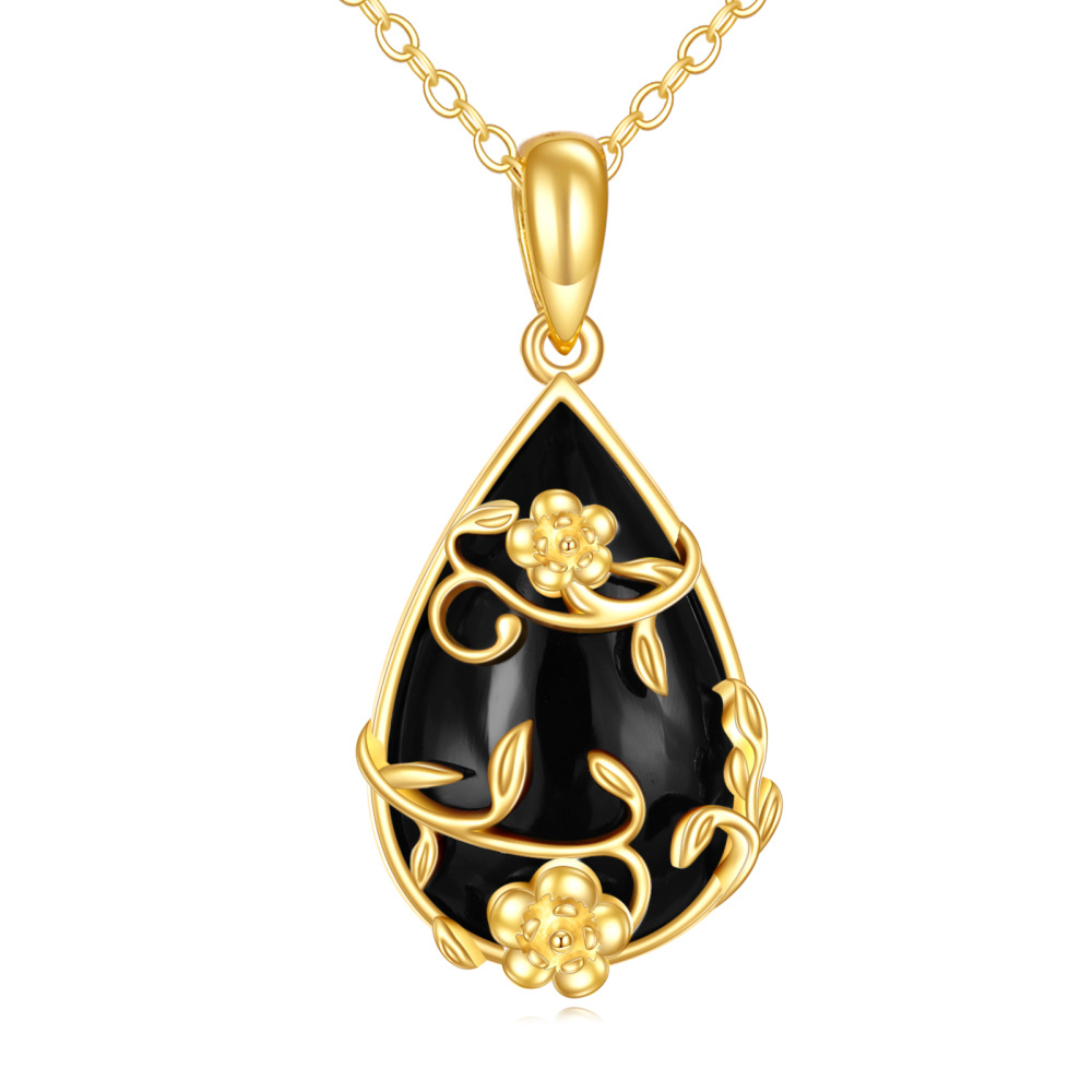10K gouden peer zwarte onyx druppel hanger ketting-1