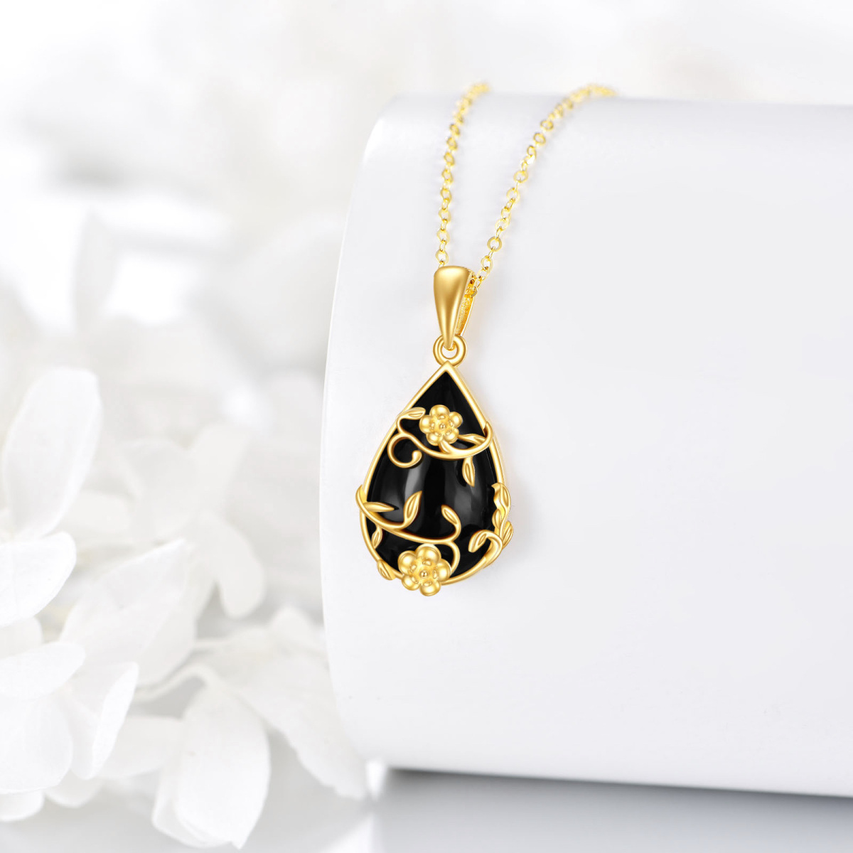 10K Gold Pear Black Onyx Drop Pendant Necklace-3