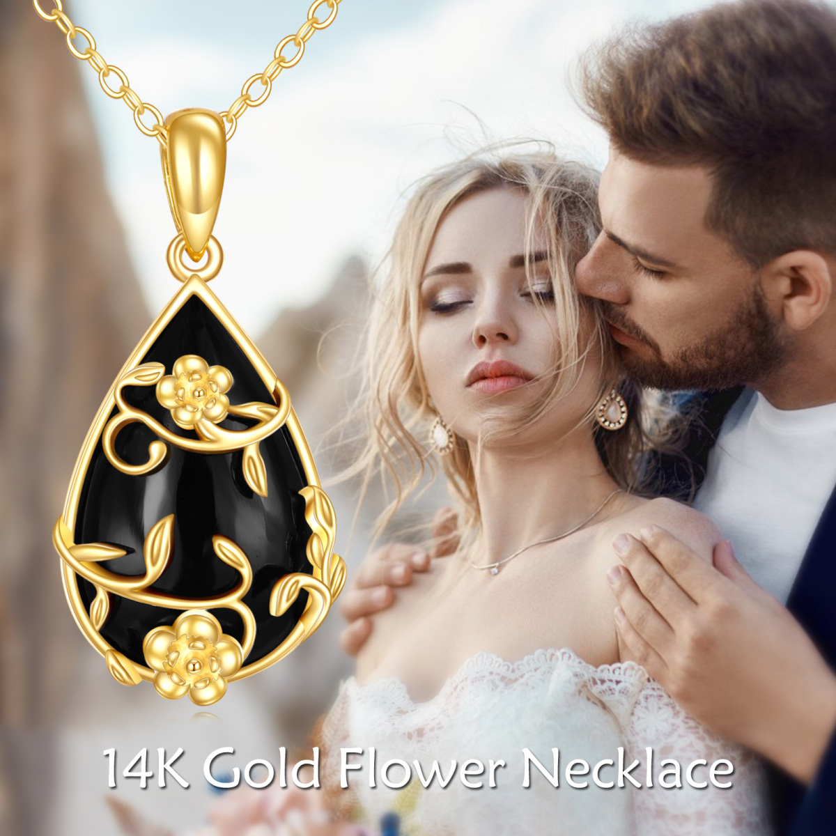 18K Gold Pear Black Onyx Drop Pendant Necklace-6