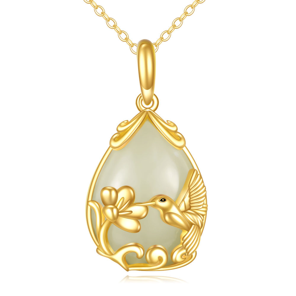 10K Gold Pear Chalcedony Hummingbird Drop Shape Pendant Necklace-1