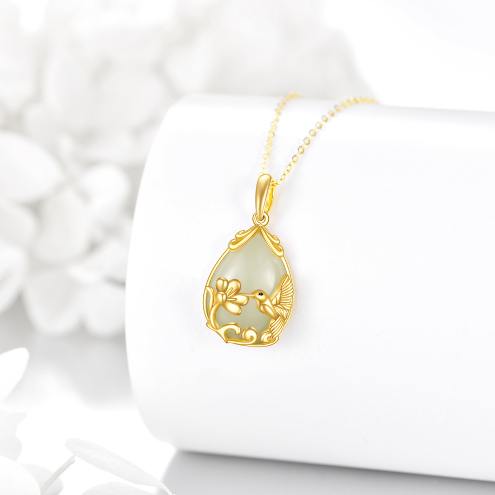 10K Gold Pear Chalcedony Hummingbird Drop Shape Pendant Necklace-3