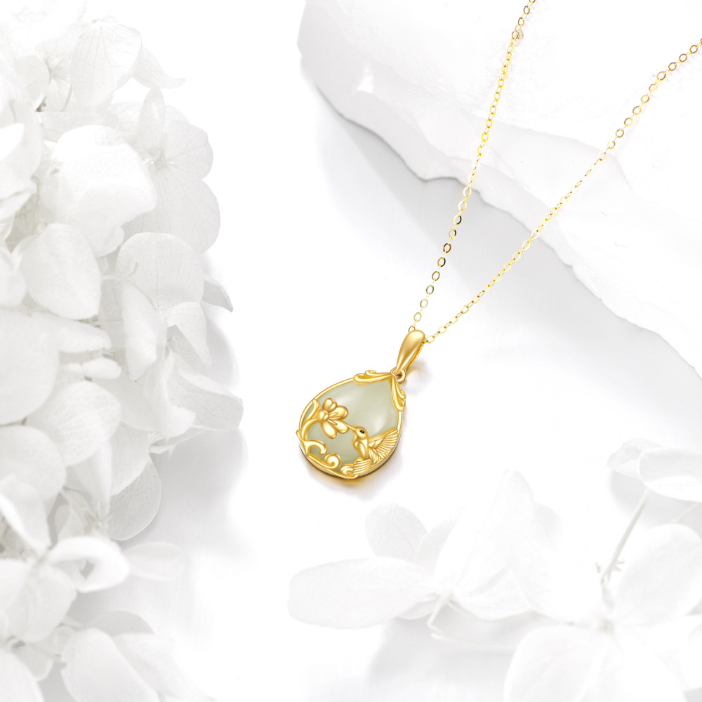 10K Gold Pear Chalcedony Hummingbird Drop Shape Pendant Necklace-4