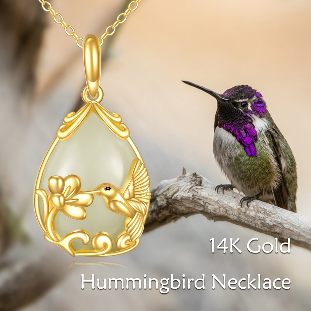 10K Gold Pear Chalcedony Hummingbird Drop Shape Pendant Necklace-6