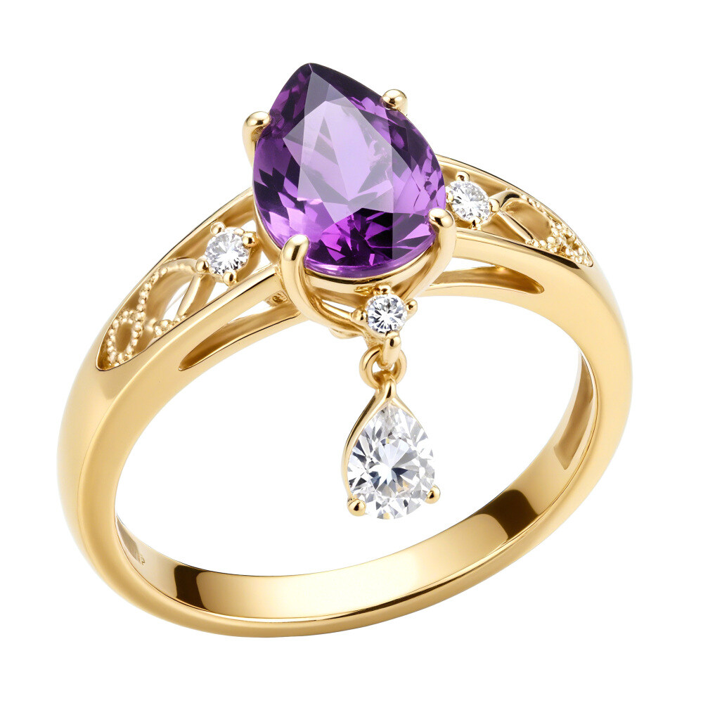 14K Gold Pear Cut Lab Created Amethyst & Diamond Engagement Ring-1