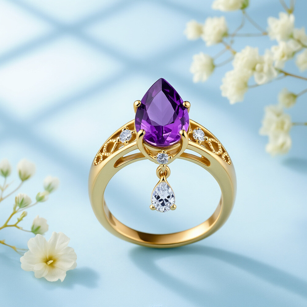 14K Gold Pear Cut Lab Created Amethyst & Diamond Engagement Ring-2
