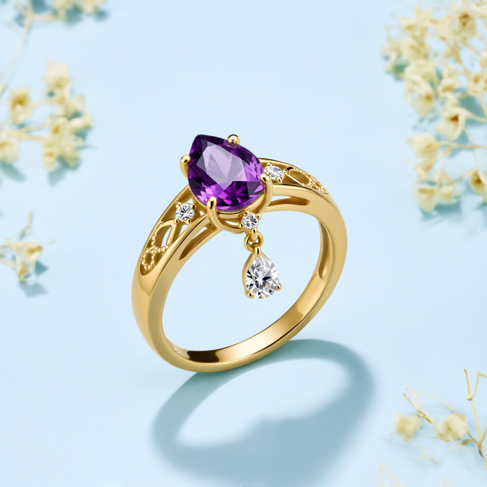 14K Gold Pear Cut Lab Created Amethyst & Diamond Engagement Ring-3