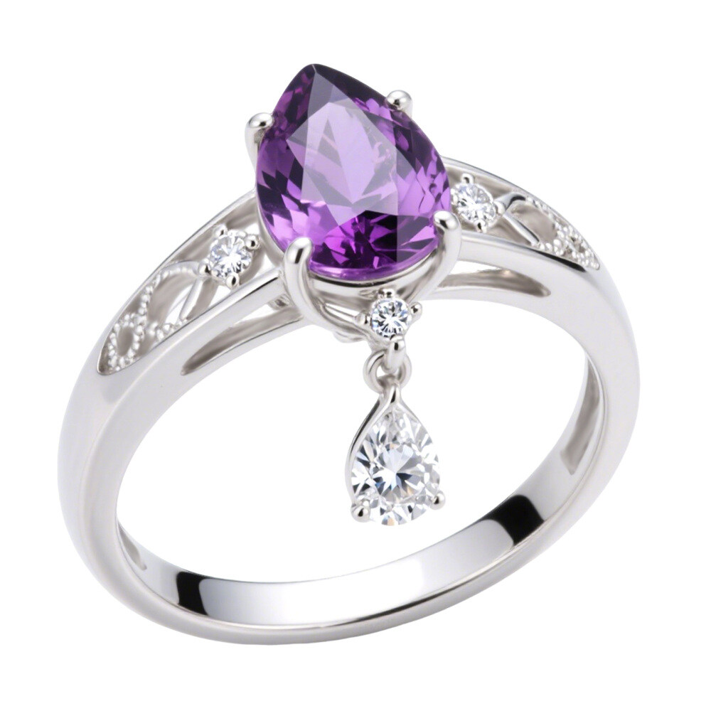 14K Gold Pear Cut Lab Created Amethyst & Diamond Engagement Ring-4