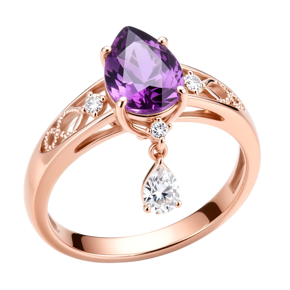 14K Gold Pear Cut Lab Created Amethyst & Diamond Engagement Ring-5