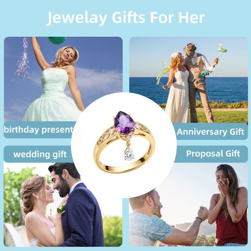 خاتم خطوبة من الذهب عيار 14K بتصميم على شكل كمثرى مصنوع في المختبر ومزين بالجمشت والماس-6