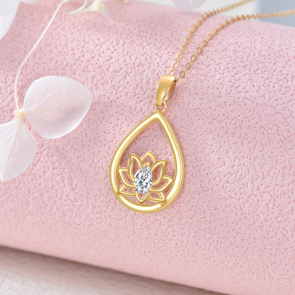10K gouden peervormige zirkonia lotus hanger ketting-3
