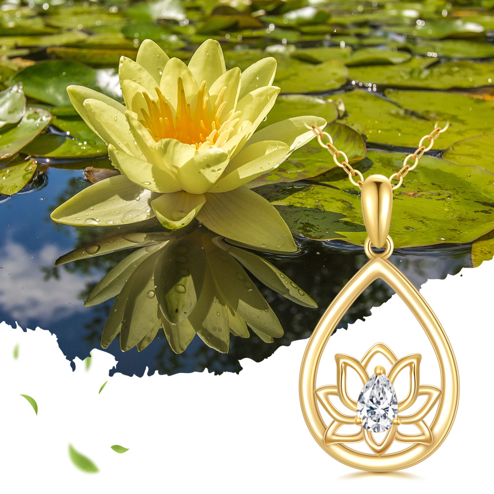 10K gouden peervormige zirkonia lotus hanger ketting-6