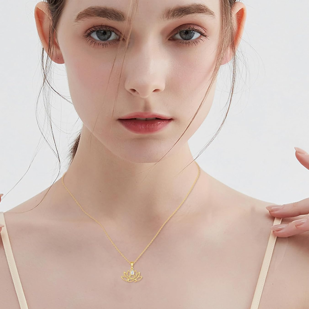 10K Gold Pear Cut Cubic Zirconia Lotus Pendant Necklace Minimalist Jewelry Birthday Gifts for Mom Wife-2