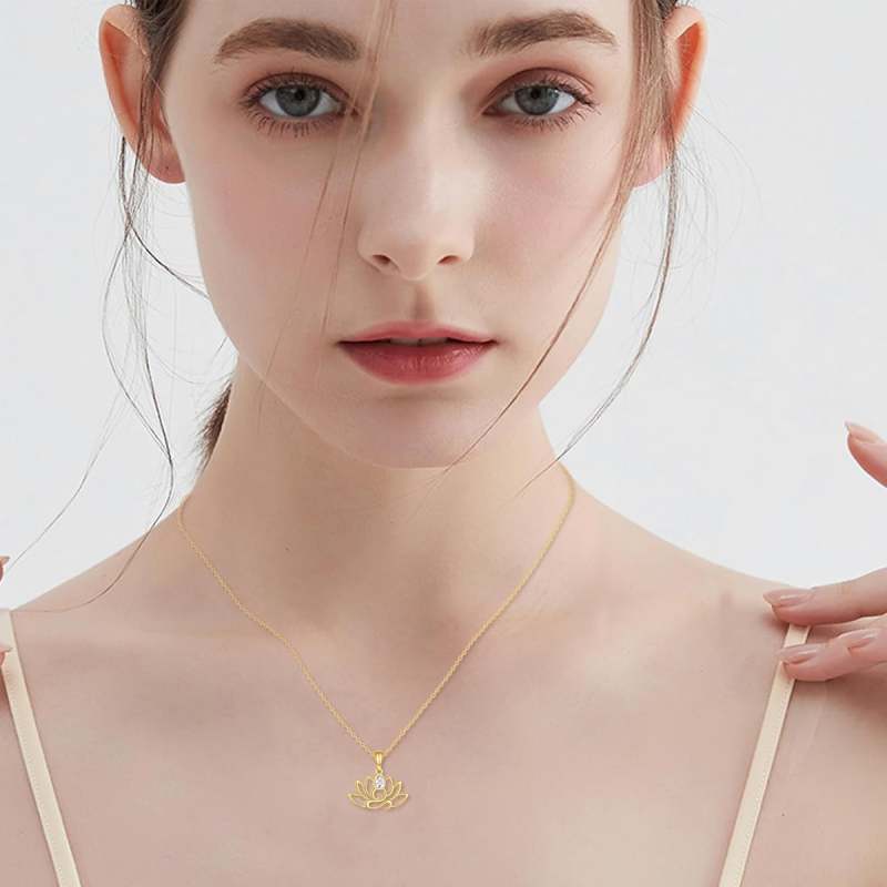 10K White Gold Pear Cut Cubic Zirconia Lotus & Grandmother & Mother & Sisters & Teacher Pendant Necklace-2