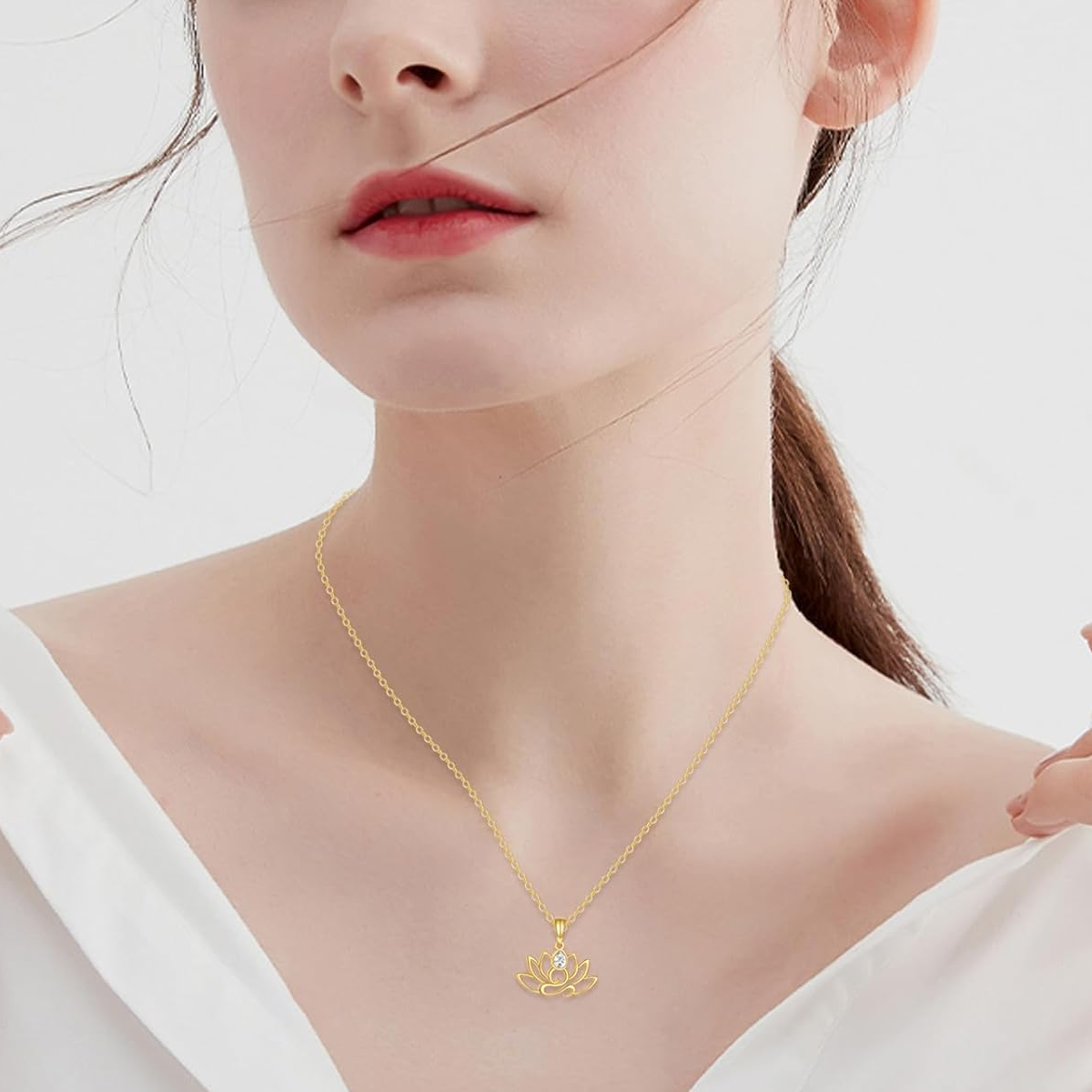 14K Gold Pear Cut Cubic Zirconia Lotus Pendant Necklace Minimalist Jewelry Birthday Gifts for Mom Wife-3
