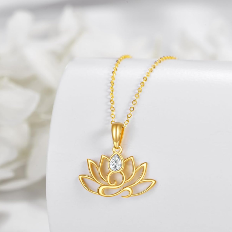 10K White Gold Pear Cut Cubic Zirconia Lotus & Grandmother & Mother & Sisters & Teacher Pendant Necklace-4