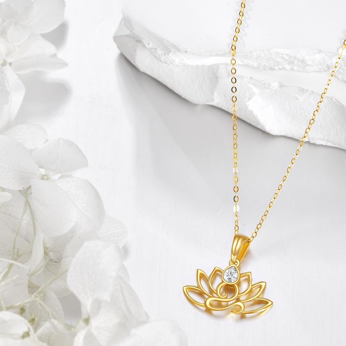 14K Gold Pear Cut Cubic Zirconia Lotus Pendant Necklace Minimalist Jewelry Birthday Gifts for Mom Wife-5