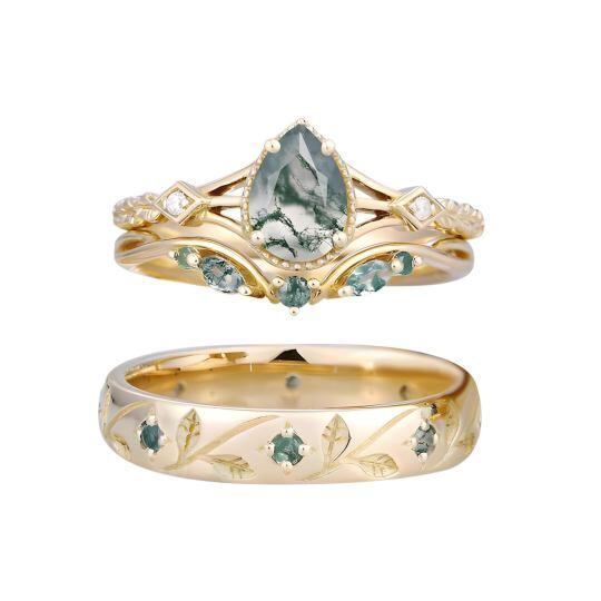 Anillos de pareja de oro de 14 quilates con moissanita talla pera y ágata musgo