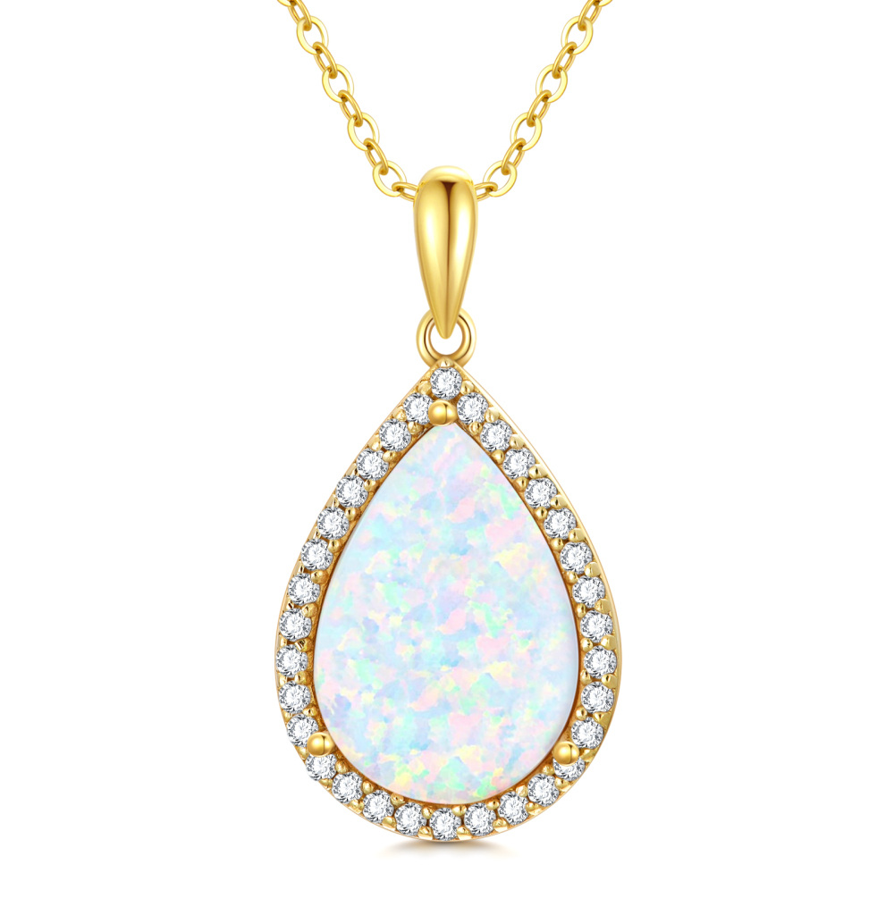10K Gold Pear Cut Cubic Zirconia & Opal Drop Shape Pendant Necklace-1