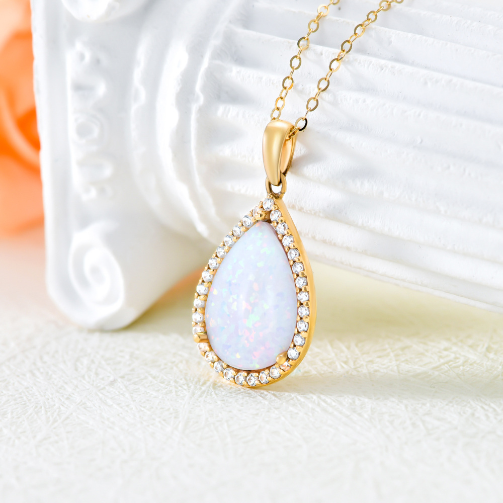 10K Gold Pear Cut Cubic Zirconia & Opal Drop Shape Pendant Necklace-3