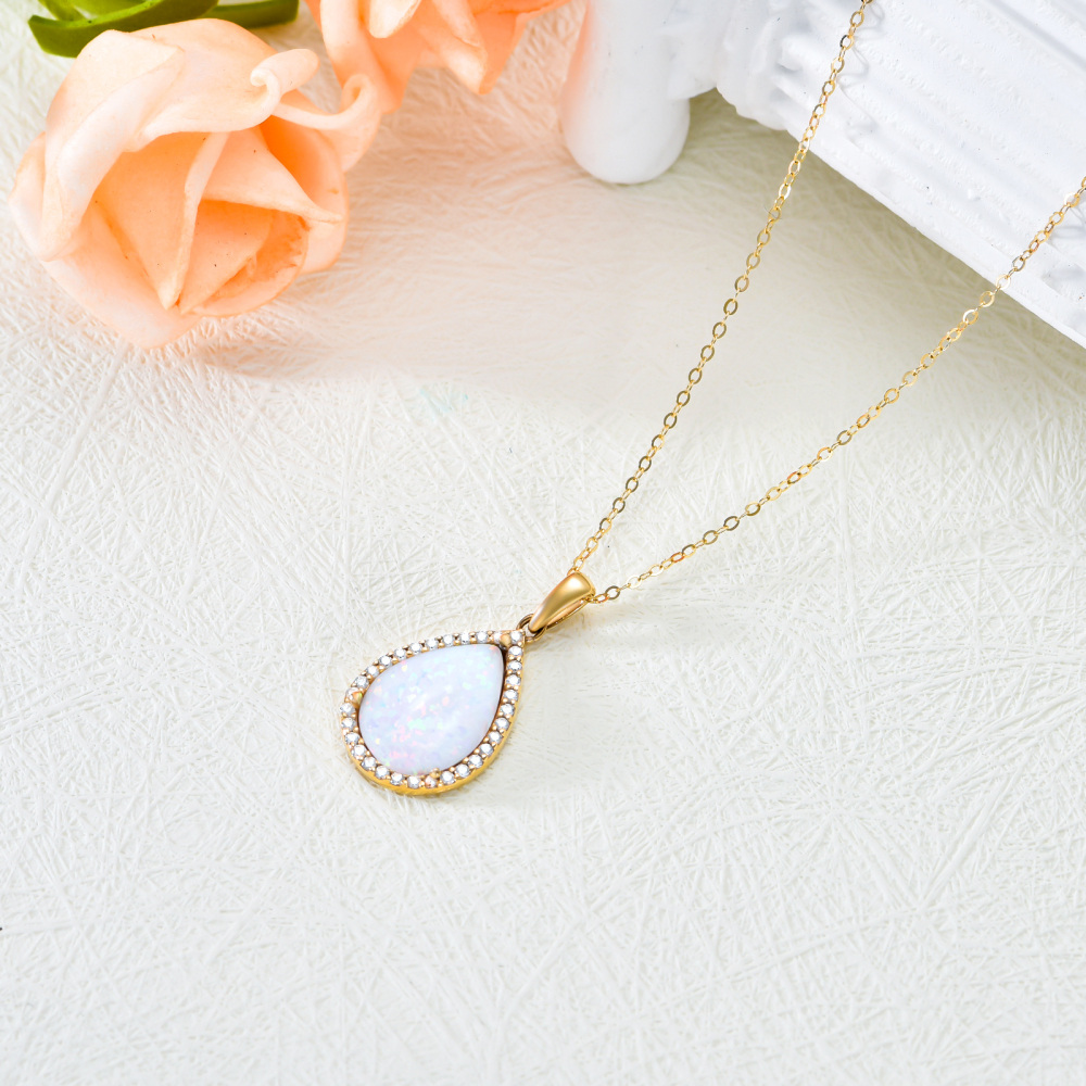 10K Gold Pear Cut Cubic Zirconia & Opal Drop Shape Pendant Necklace-4