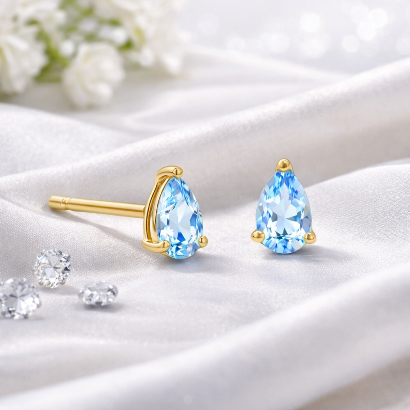 Aretes de Tachuelas de Topacio Cortado en Pera de Oro de 14 Quilates-3