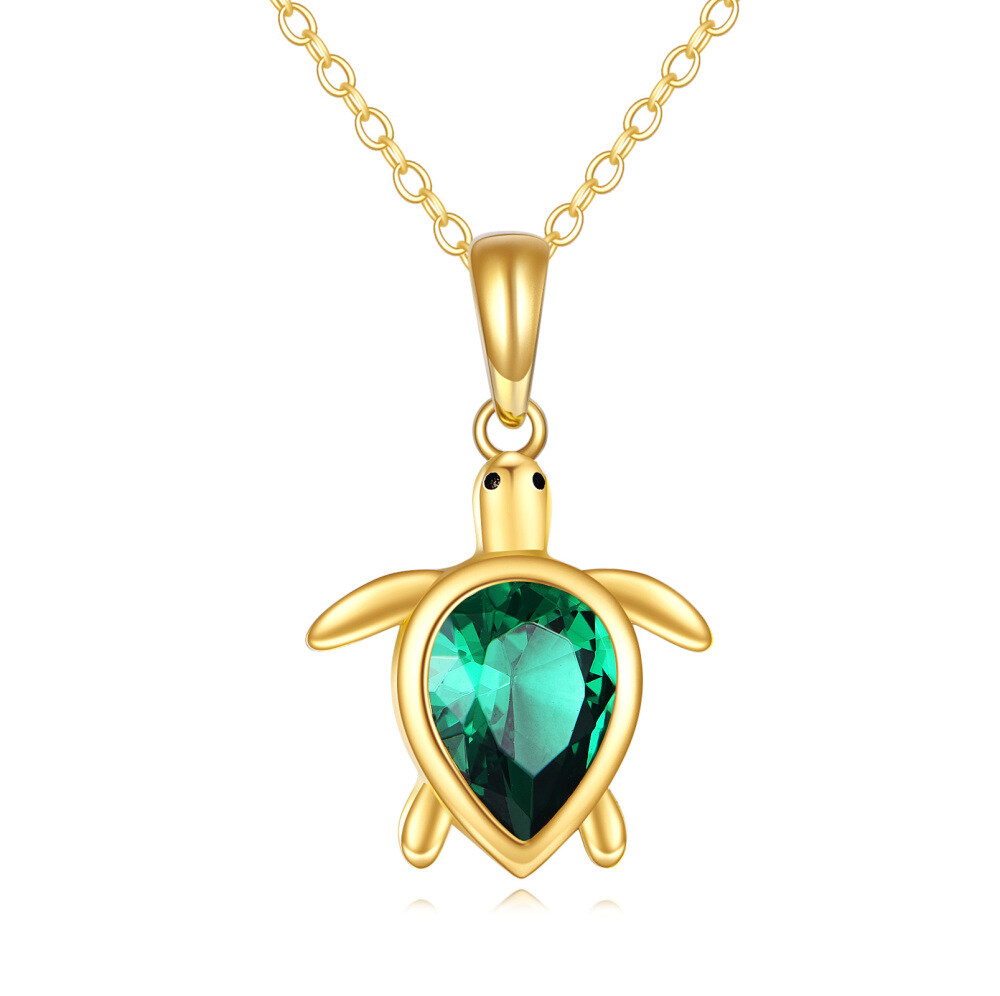 10K Gold Pear Cubic Zirconia Sea Turtle Pendant Necklace-1
