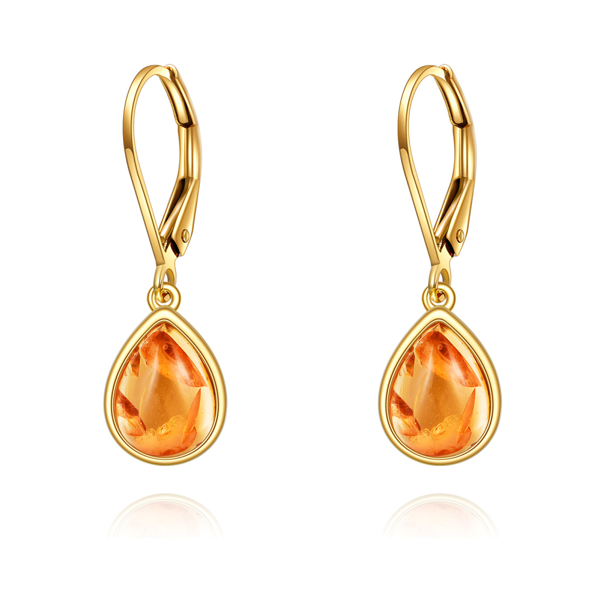 14K Gold Pear Shaped Amber Drop Shape Lever-back Earrings-1