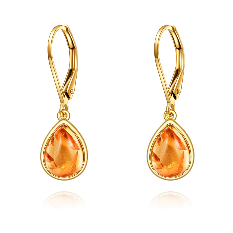 14K Gold Pear Shaped Amber Drop Shape Lever-back Earrings