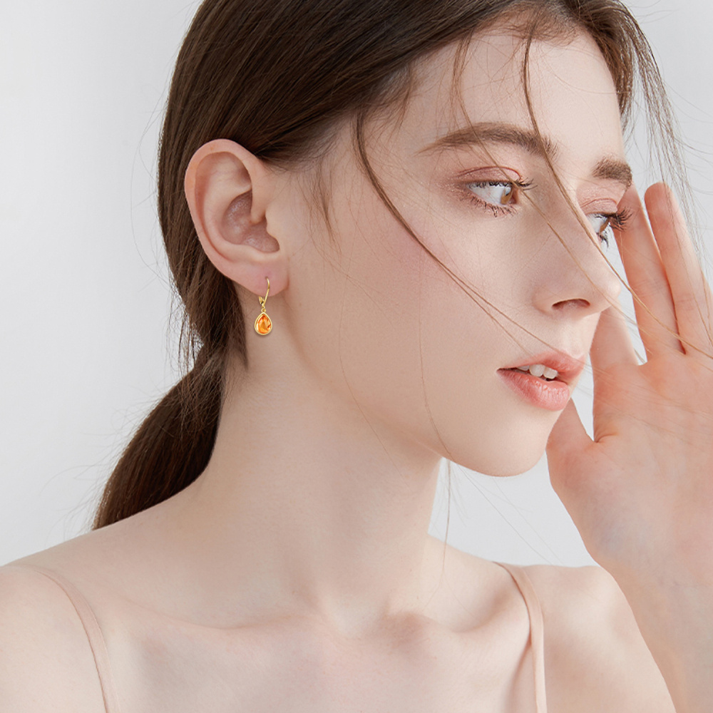 10K Gold Pear Shaped Amber Drop Shape Lever-back Earrings-2