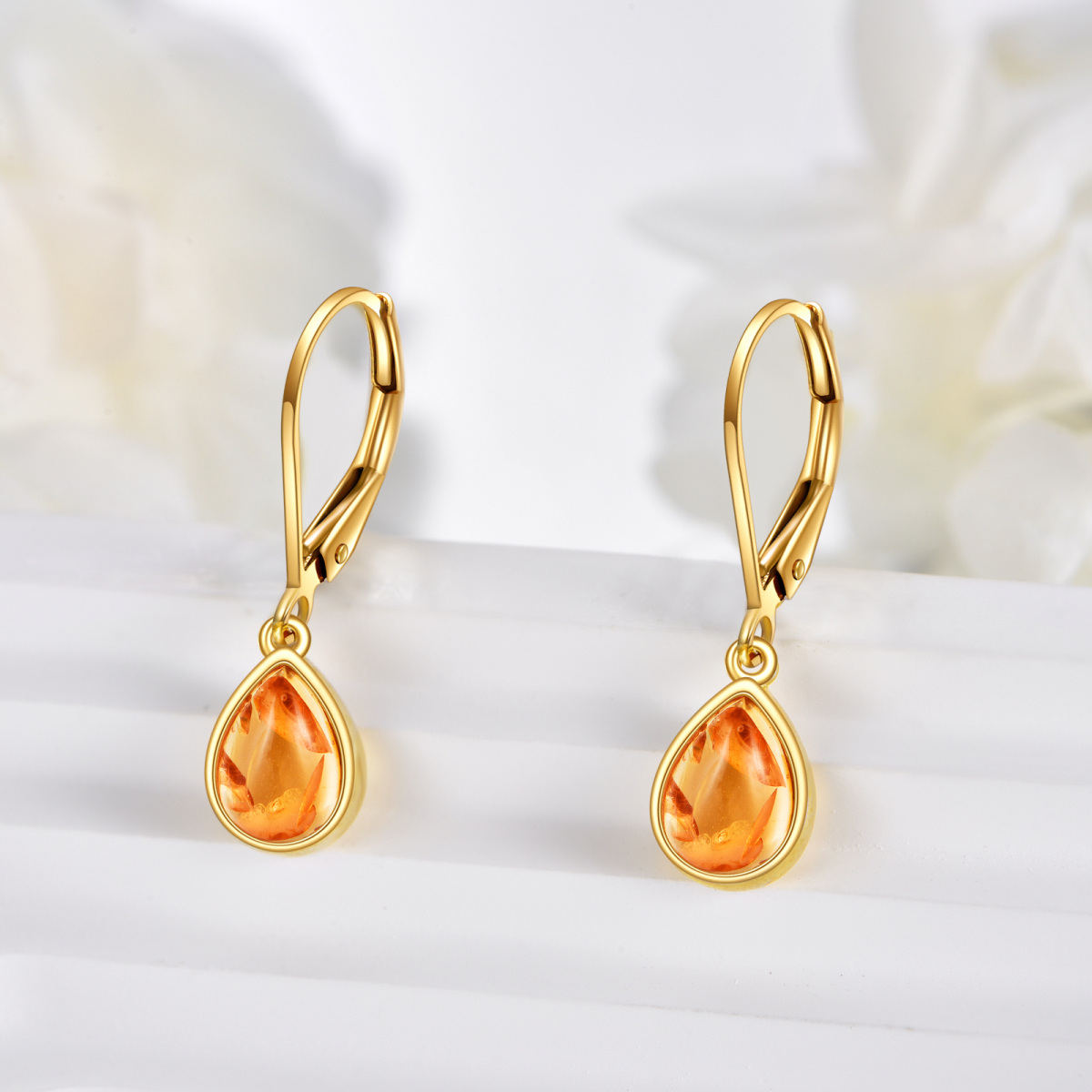 14K Gold Pear Shaped Amber Drop Shape Lever-back Earrings-3