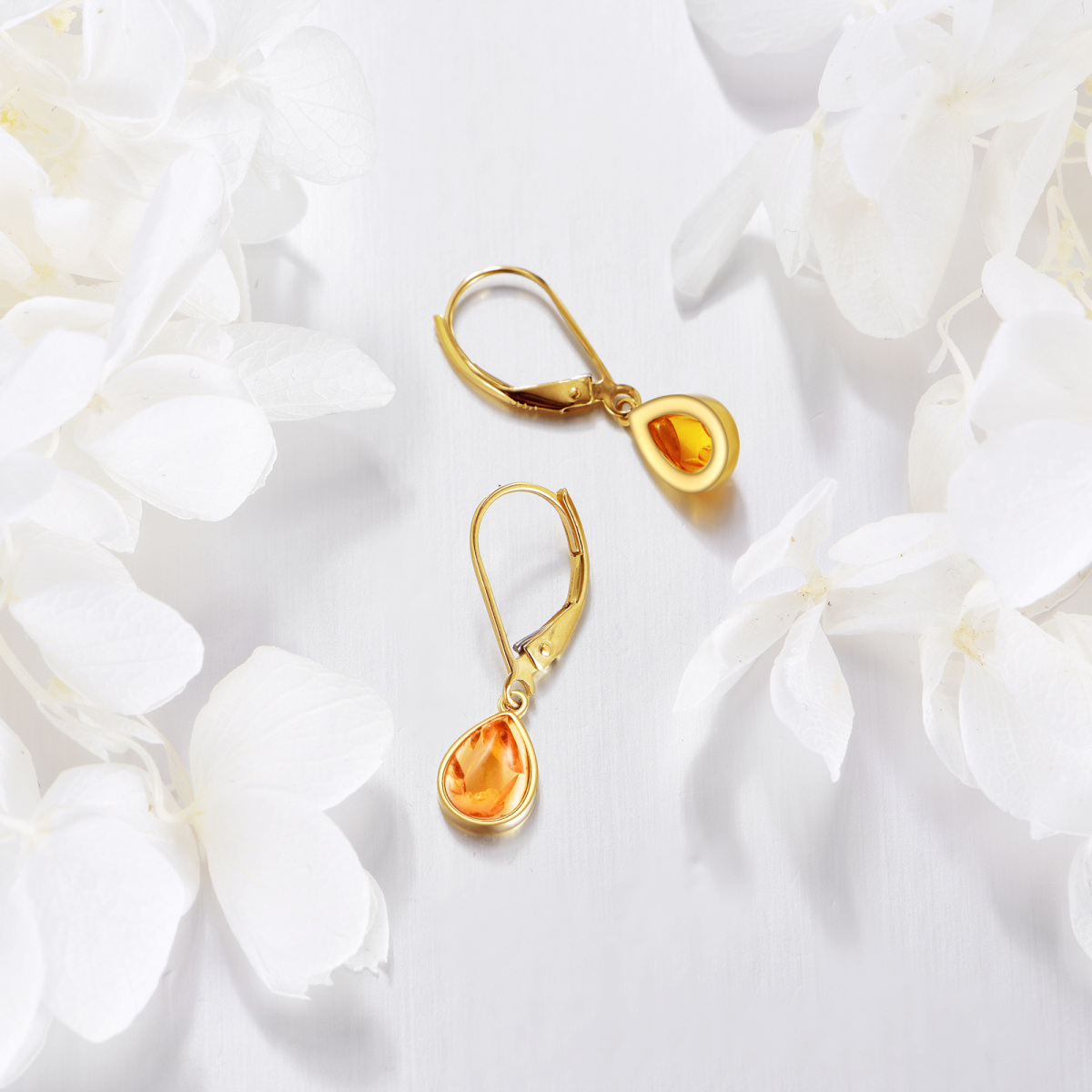 14K Gold Pear Shaped Amber Drop Shape Lever-back Earrings-4