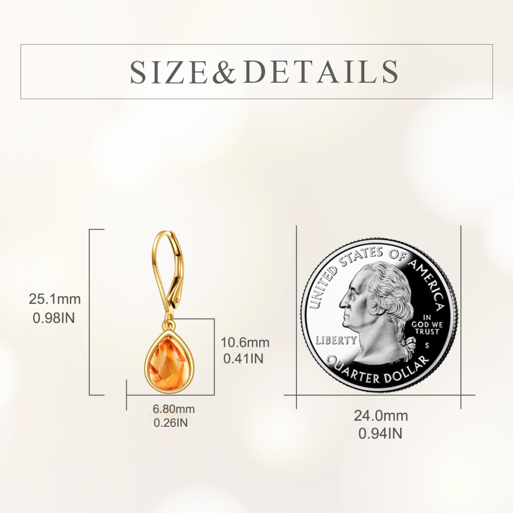 10K Gold Pear Shaped Amber Drop Shape Lever-back Earrings-5