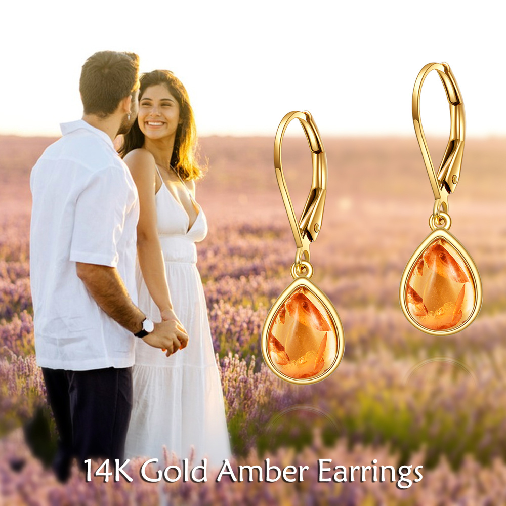 10K Gold Pear Shaped Amber Drop Shape Lever-back Earrings-6