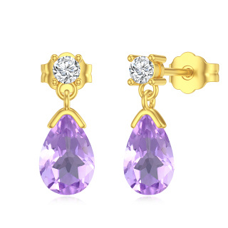 10K Gold Pear Amethyst Drop Earrings For Women-24