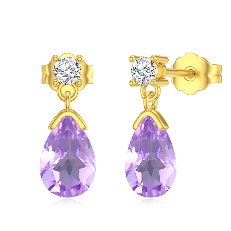 10K Gold Pear Amethyst Drop Earrings For Women-10