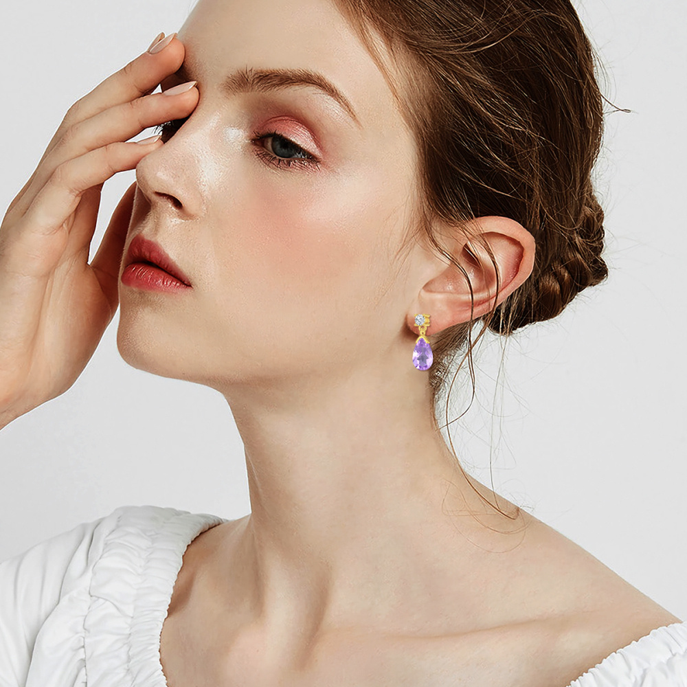 10K Gold Pear Amethyst Drop Earrings For Women-2