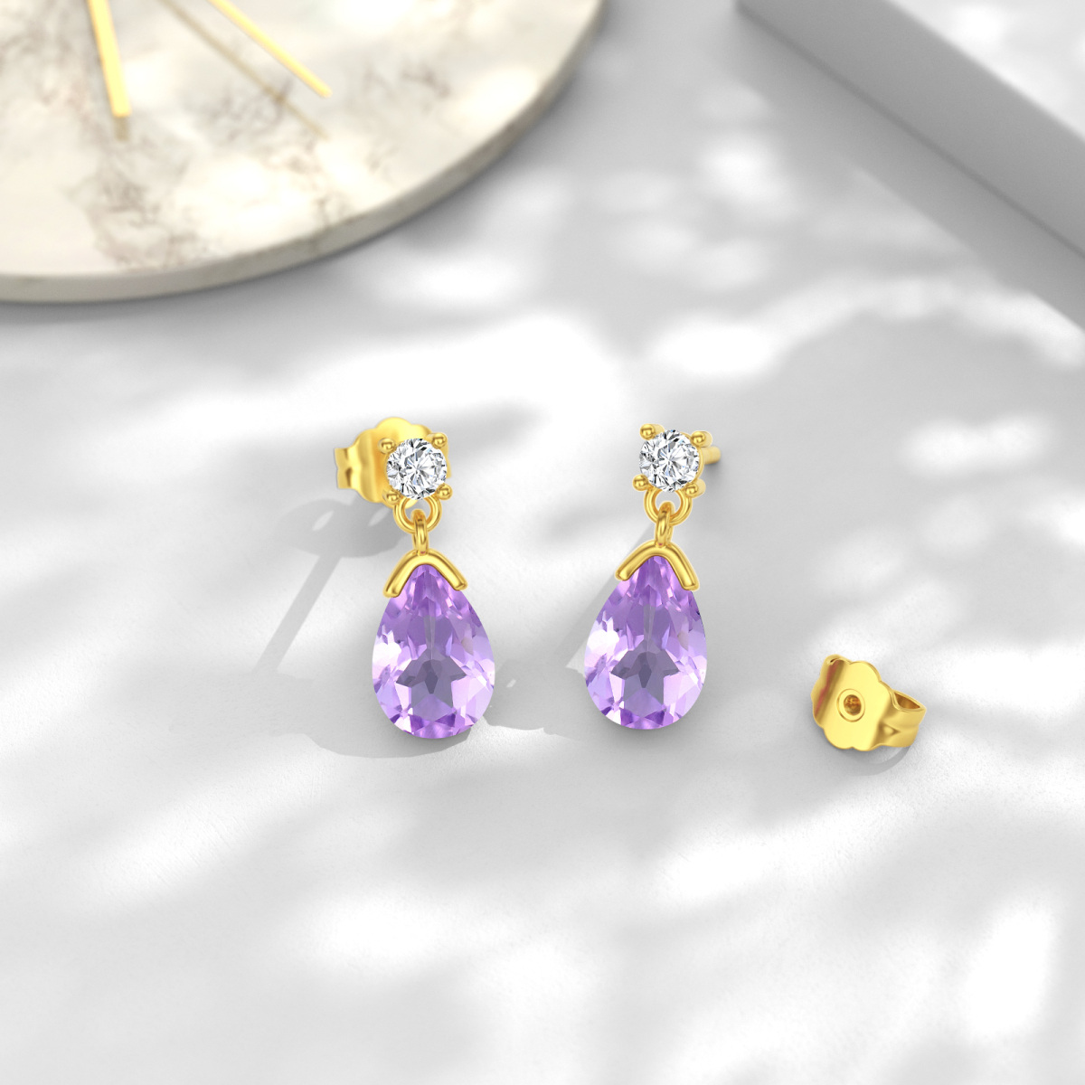 10K Gold Pear Amethyst Drop Earrings For Women-3