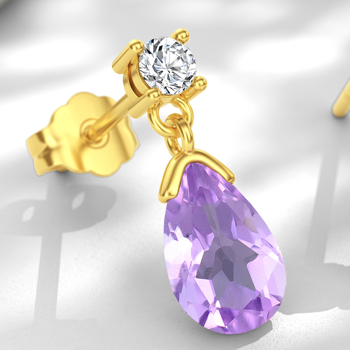 10K Gold Pear Amethyst Drop Earrings For Women-4