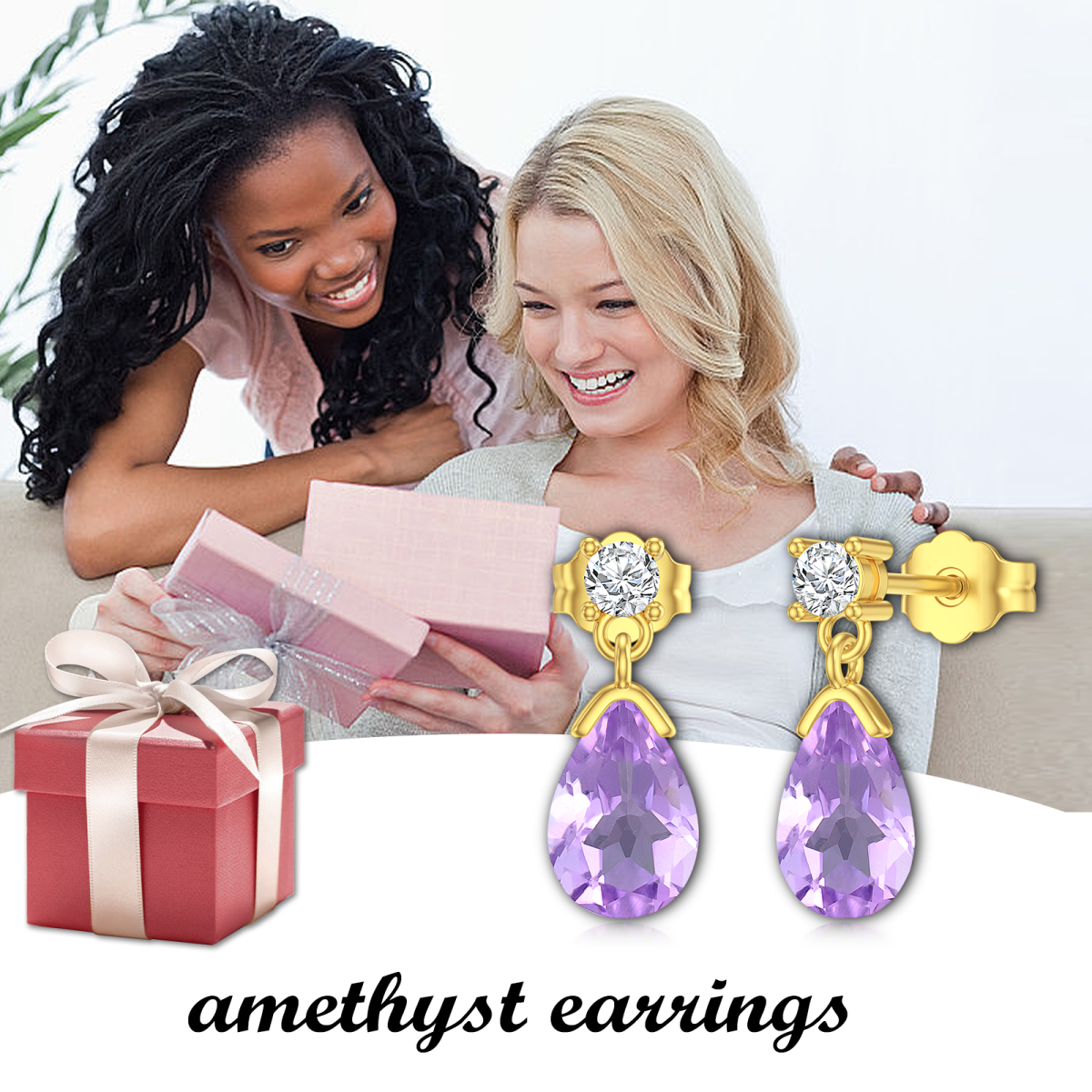 10K Gold Pear Amethyst Drop Earrings For Women-6