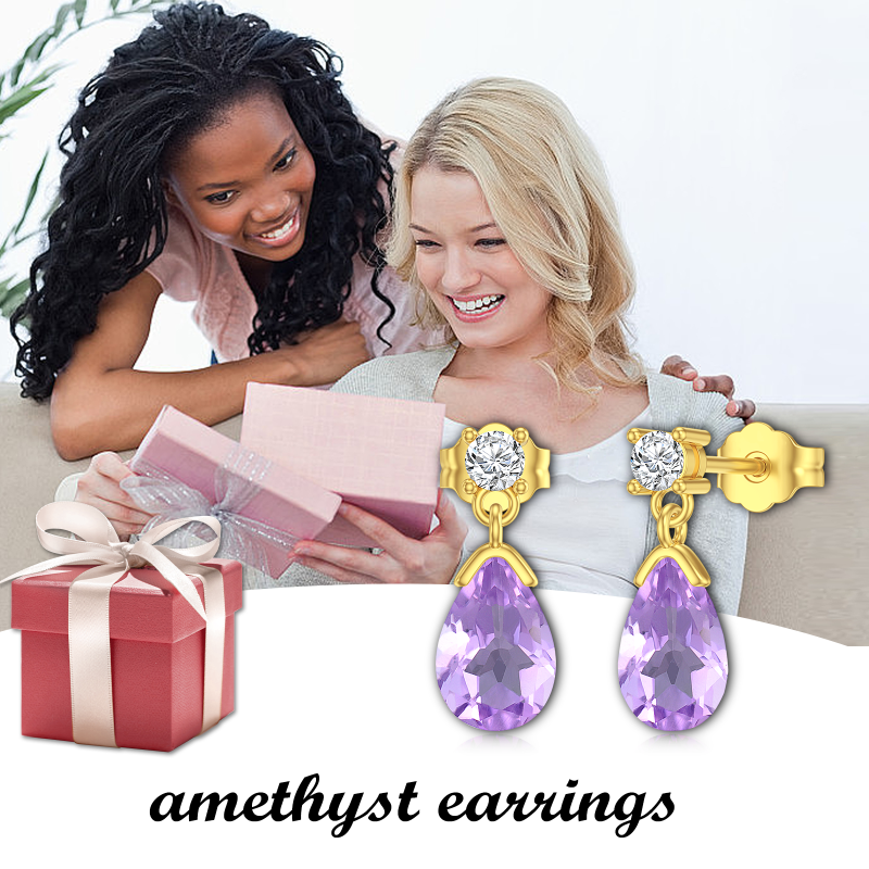 10K White Gold Pear Cut Amethyst Drop Shape Drop Earrings-6