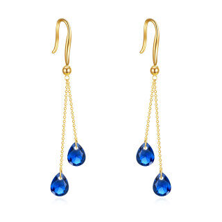 10K Yellow Gold Blue Pear Crystal Drop Earrings For Women-40