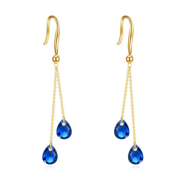 14K Yellow Gold Blue Pear Crystal Drop Earrings For Women