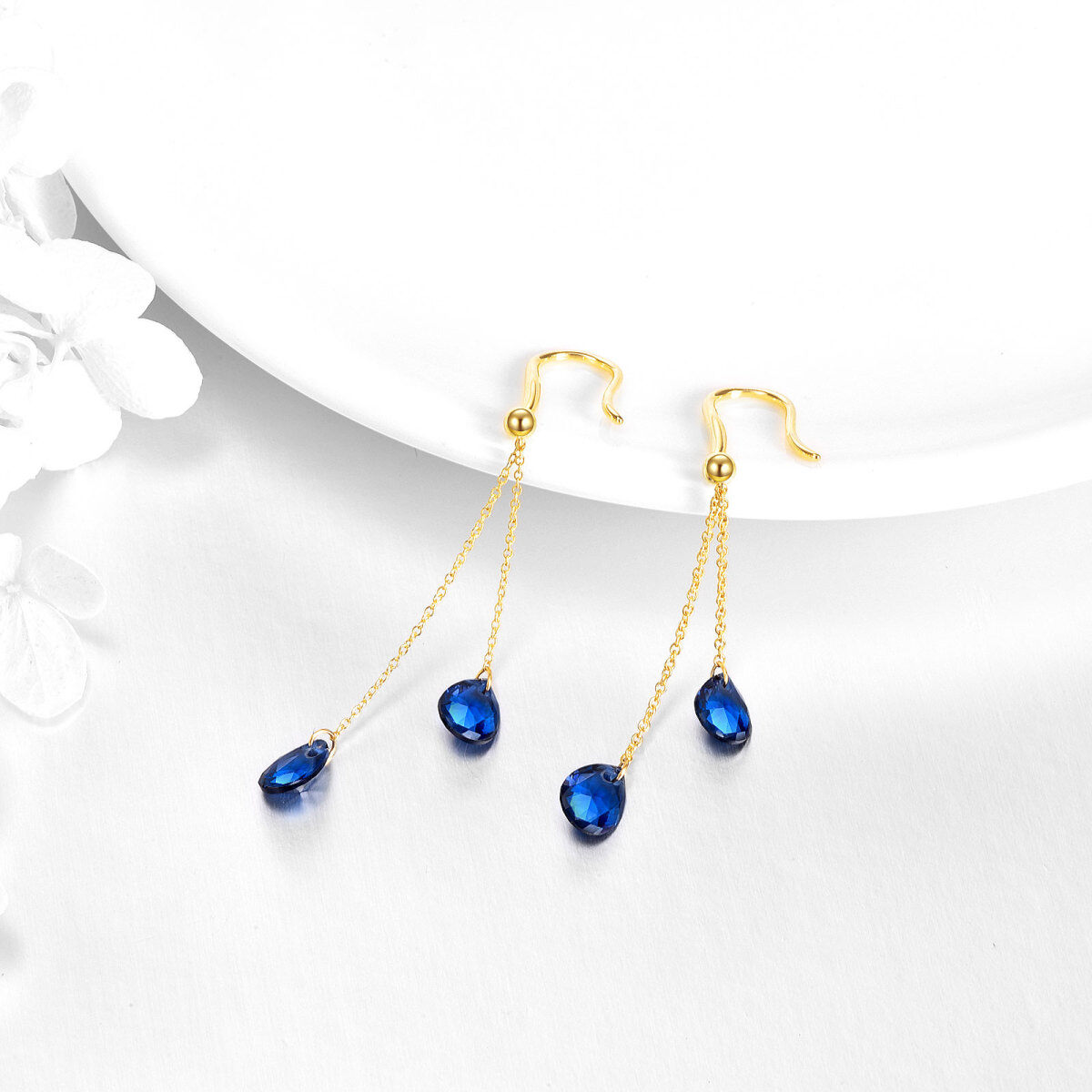 Pendientes colgantes de cristal de pera azul de oro amarillo de 14 quilates para mujer-4