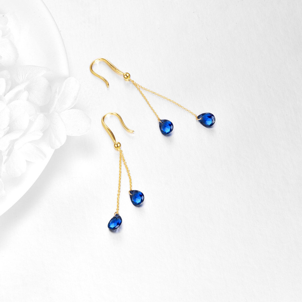 Pendientes colgantes de cristal de pera azul de oro amarillo de 14 quilates para mujer-5