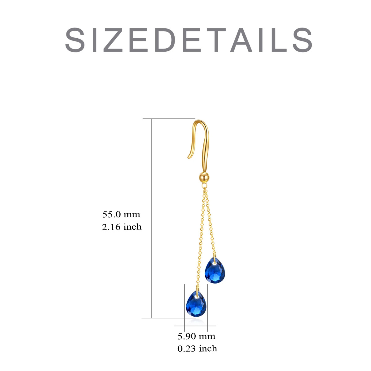 Pendientes colgantes de cristal de pera azul de oro amarillo de 14 quilates para mujer-6