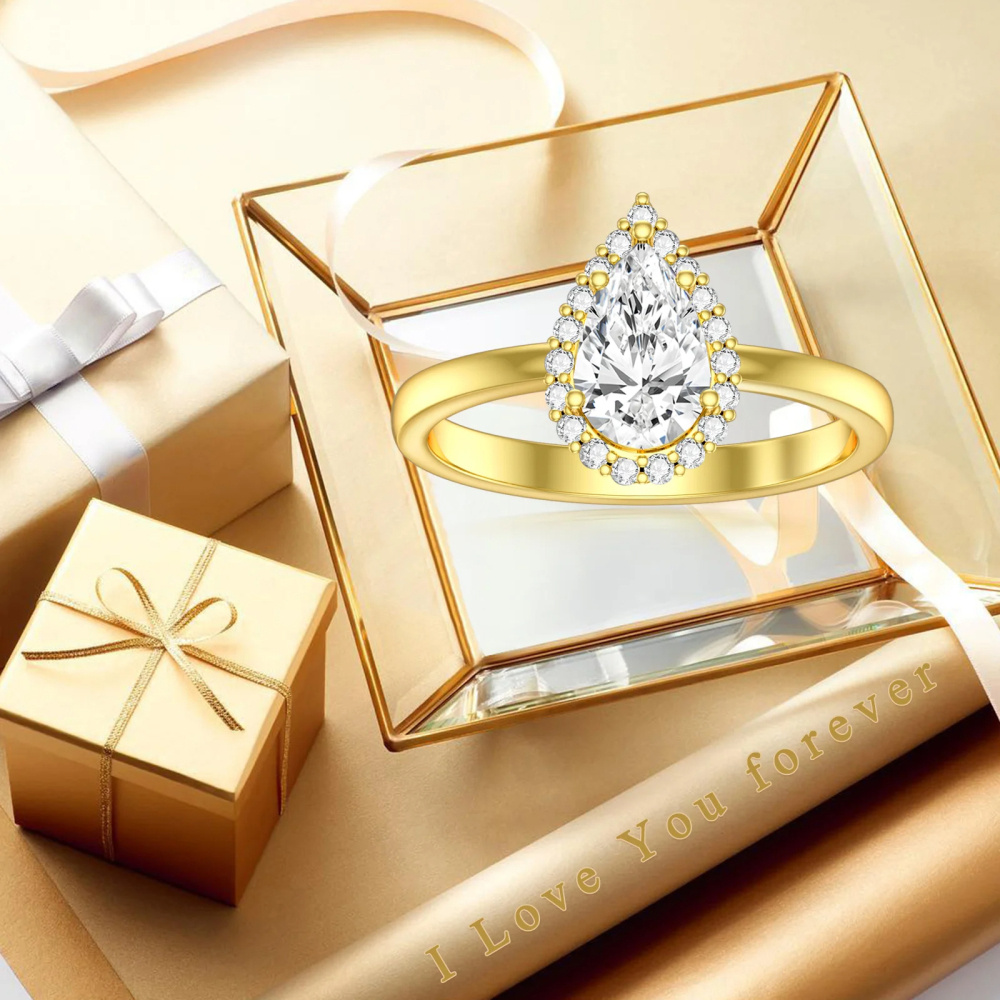10K Gold birnenförmiger Moissanit-Tropfen-Verlobungsring-4