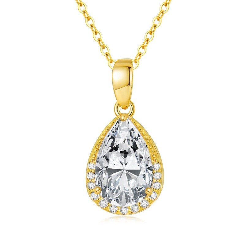 10K Gold Pear Shaped Cubic Zirconia & Diamond Drop Shape Pendant Necklace-10